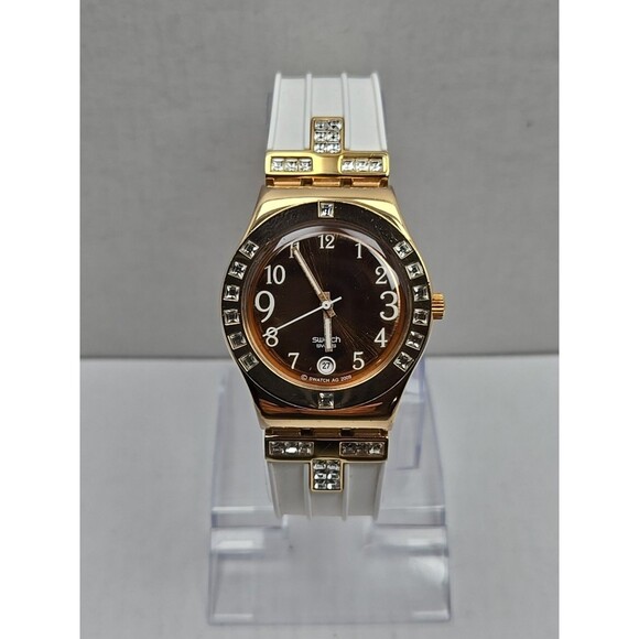 Swatch Irony Fancy Me Rose Gold Date Watch Crystal Bezel New Battery White Strap - Picture 1 of 10